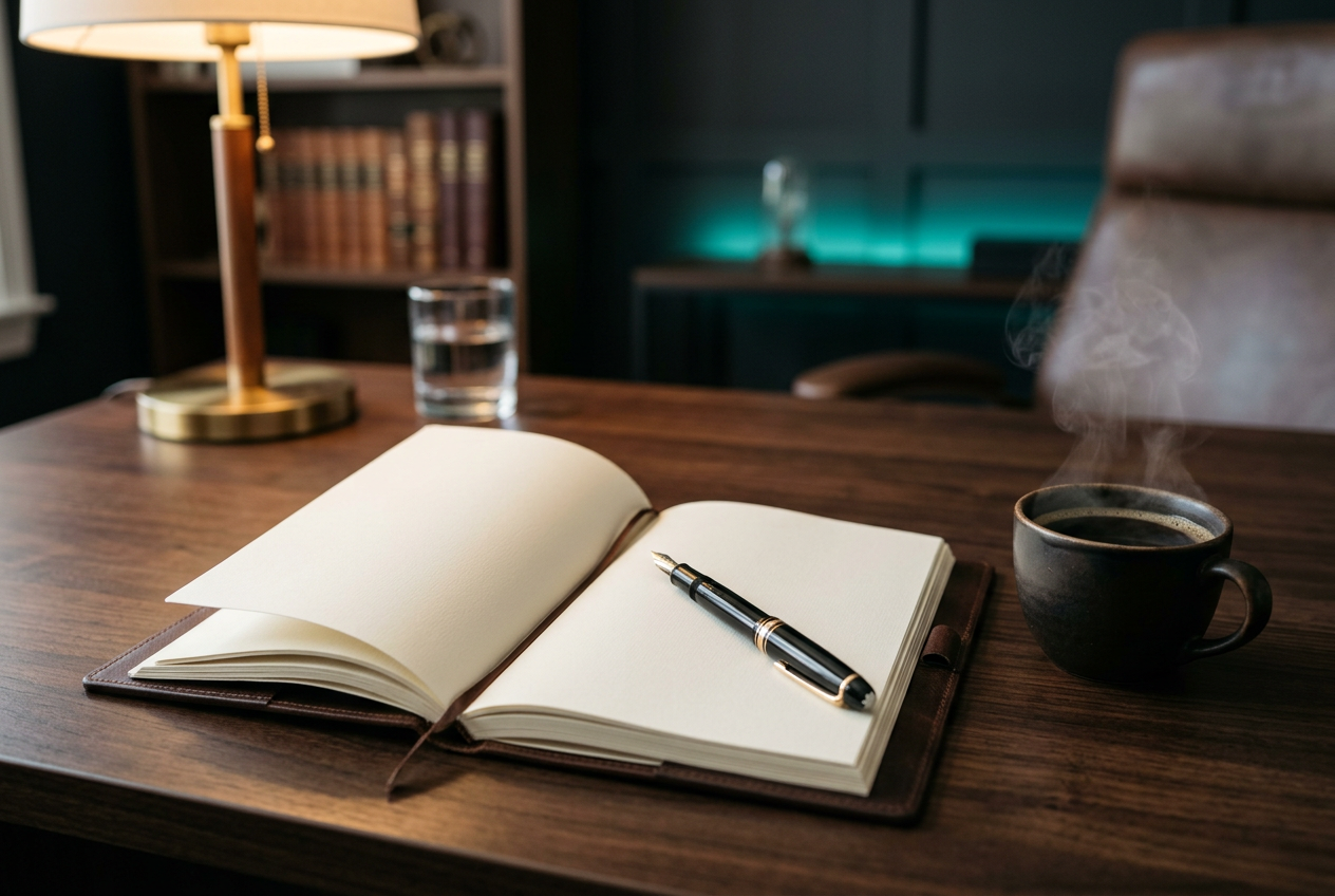Executive coaching desk scene with leadership journal, pen, and coffee